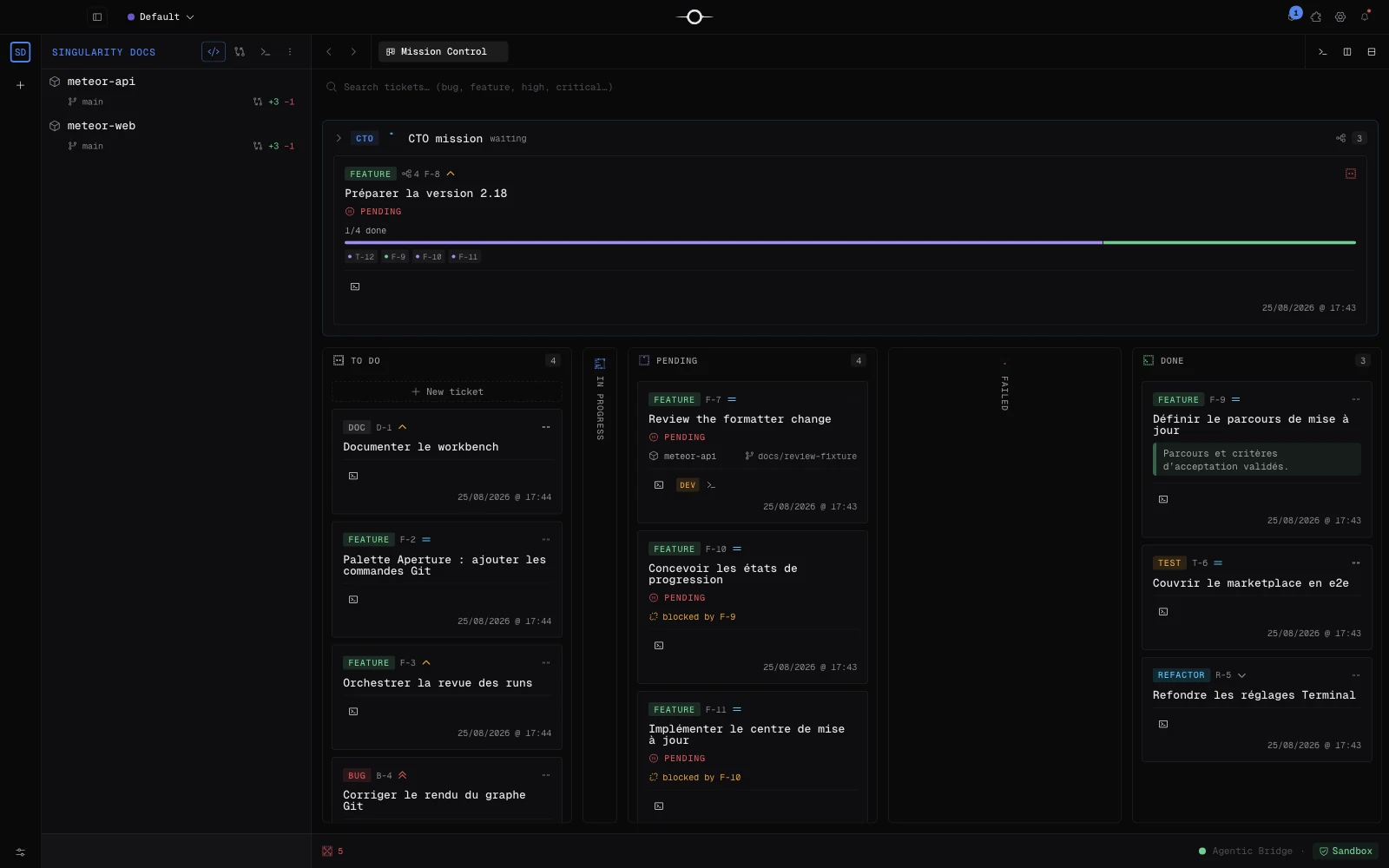 Vista general del tablero kanban de Singularity con varios tickets en paralelo y el panel de orquestación a la derecha