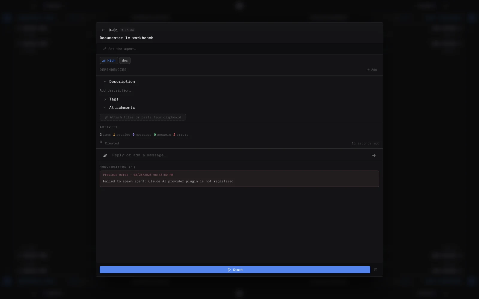 Detalle de un ticket de Singularity con contexto, especificaciones, estado y actividad del agente en ejecución