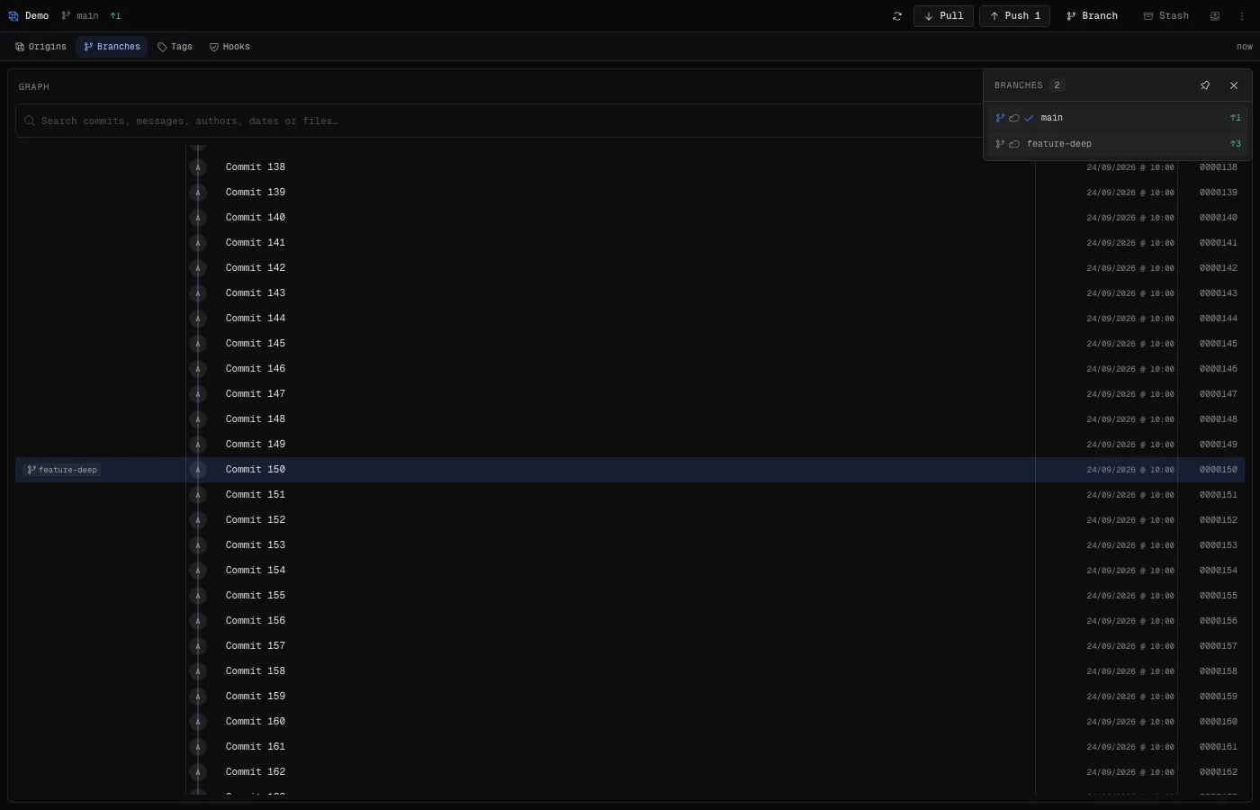 Cliente Git de Singularity con ramas y el historial gráfico del repositorio de demostración