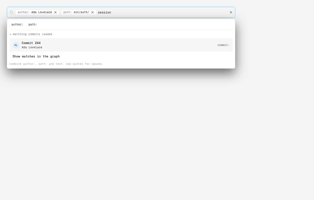 Búsqueda de commits Git en Singularity con filtros de autor y ruta src/auth
