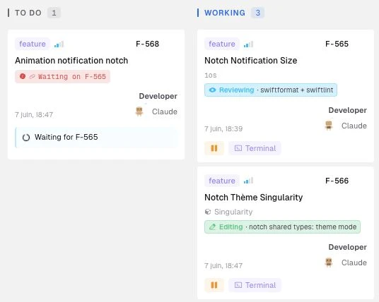 Quadro de Singularity: o ticket F-568, animação de notificação na notch, permanece por fazer com a indicação de que aguarda F-565 até este ser concluído