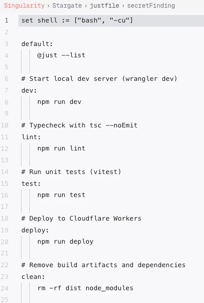 A Justfile open in Singularity, with the default, dev, lint, test, deploy and clean recipes, each commented