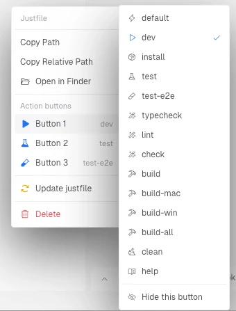 A Justfile menu in Singularity: the full list of recipes and the three configurable action buttons (dev, test, test-e2e)