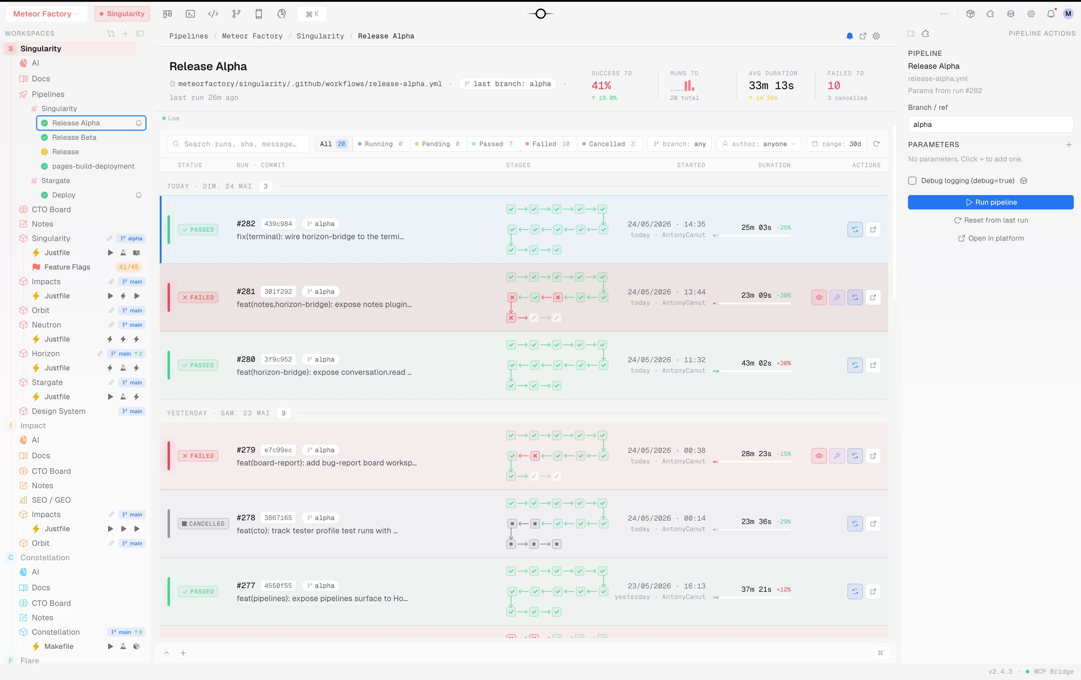 Vista Pipelines de Singularity con historial de ejecuciones, estados y duraciones