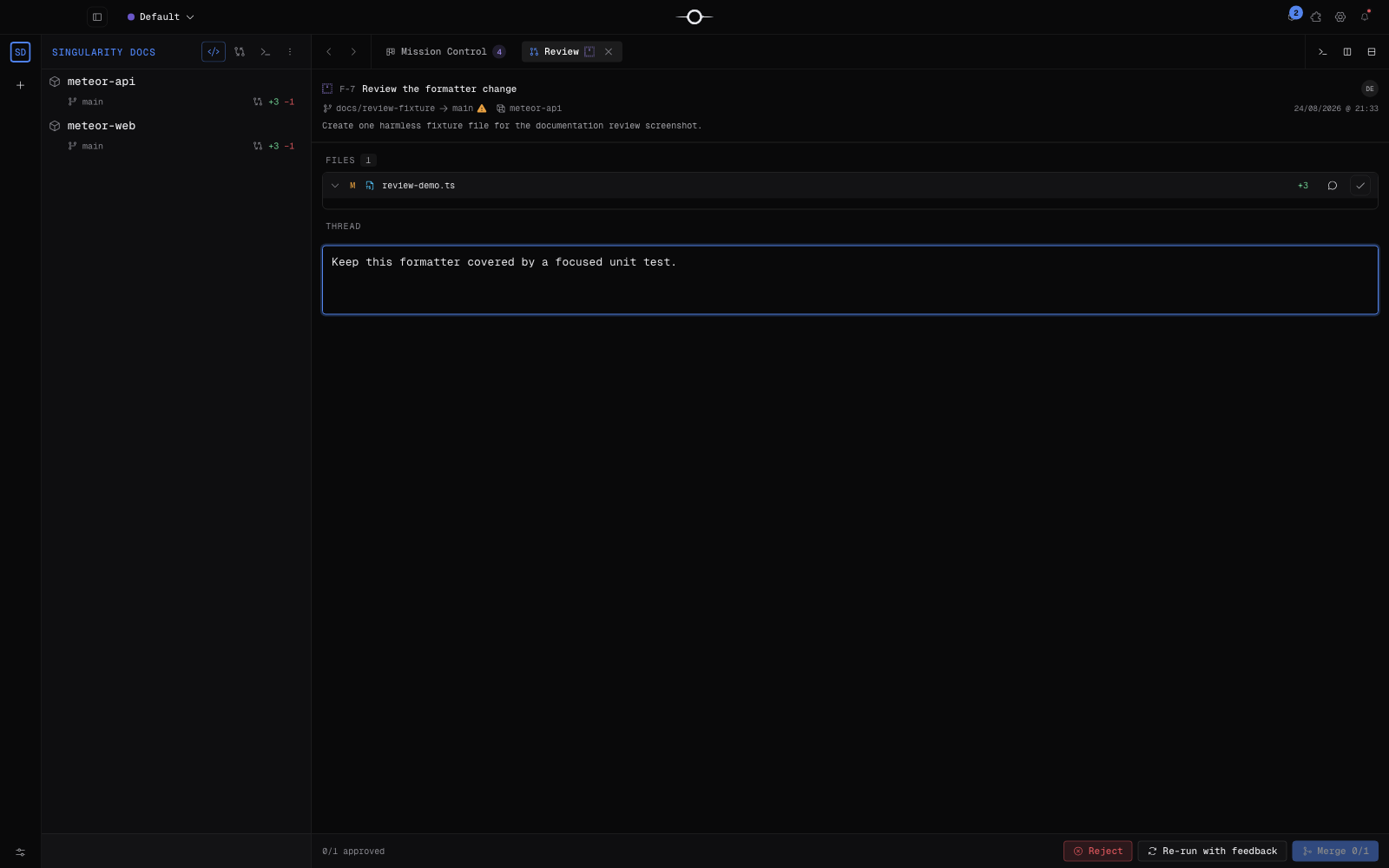 Documentation capture of Singularity Review with a diff, approved files and a note; not the CSV trial